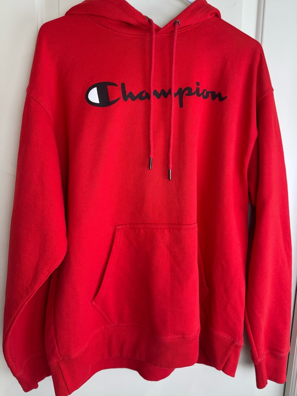 Champion Powerblend Script Logo Hoodie Men's L Red Scarlet GF89H Pullover